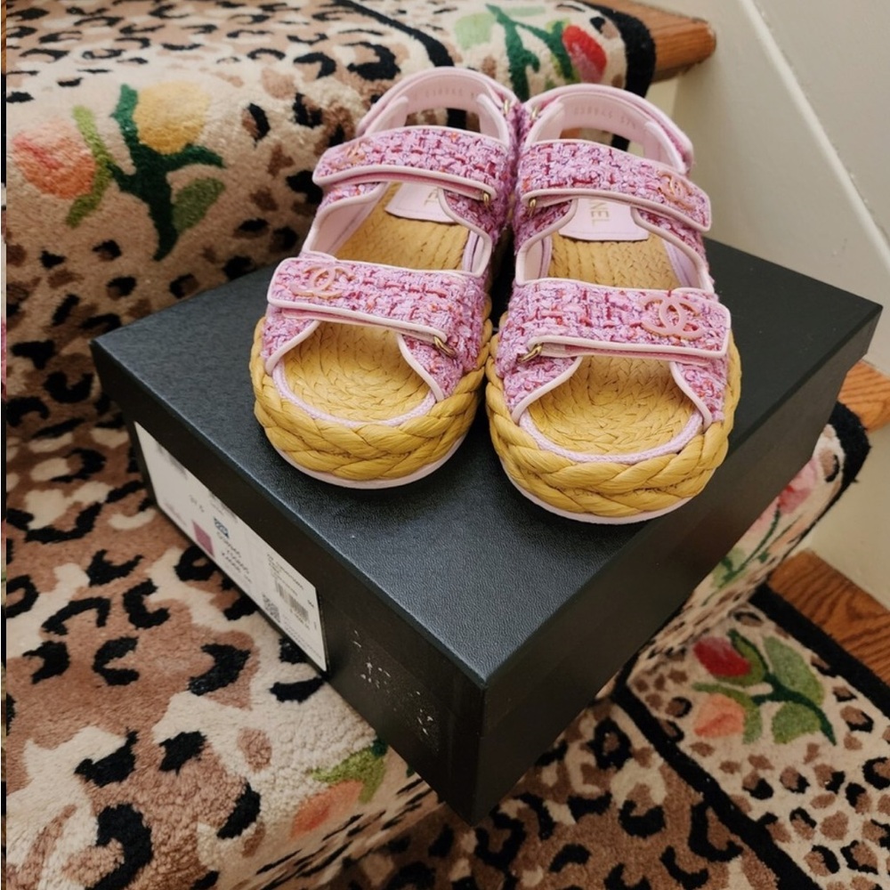 CHANEL Pink Tweed Dad Sandals Authentic Like New